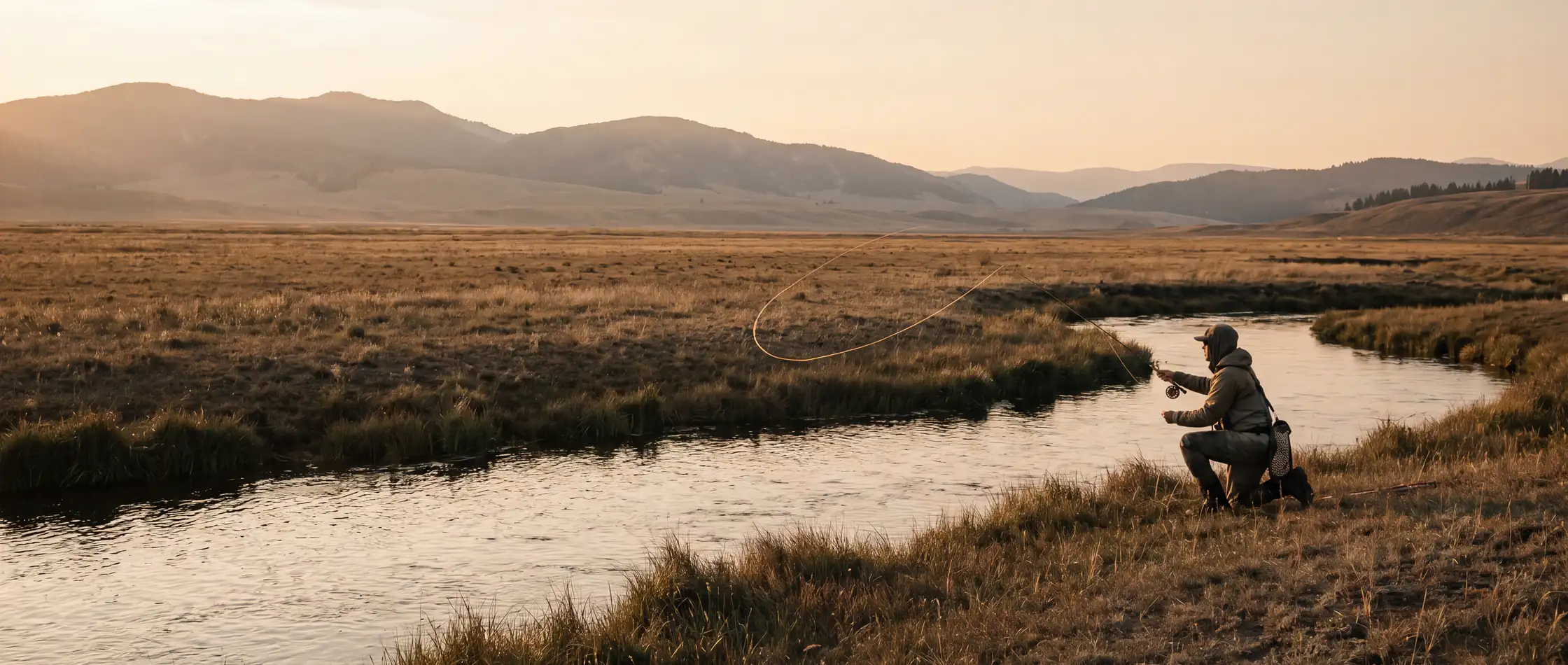 A fly angler casting on a private Colorado river at first light