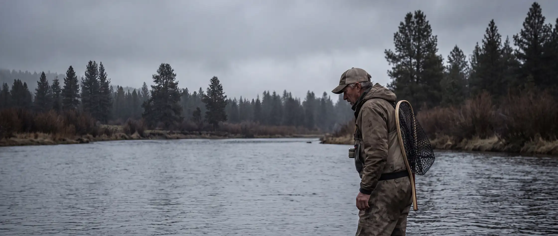 A fly-fishing guide netting a trout for a client on a private Colorado river