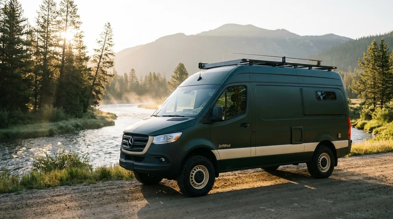 A DriftPod off-road Mercedes Sprinter expedition van parked on a dirt road beside a mountain river at golden hour