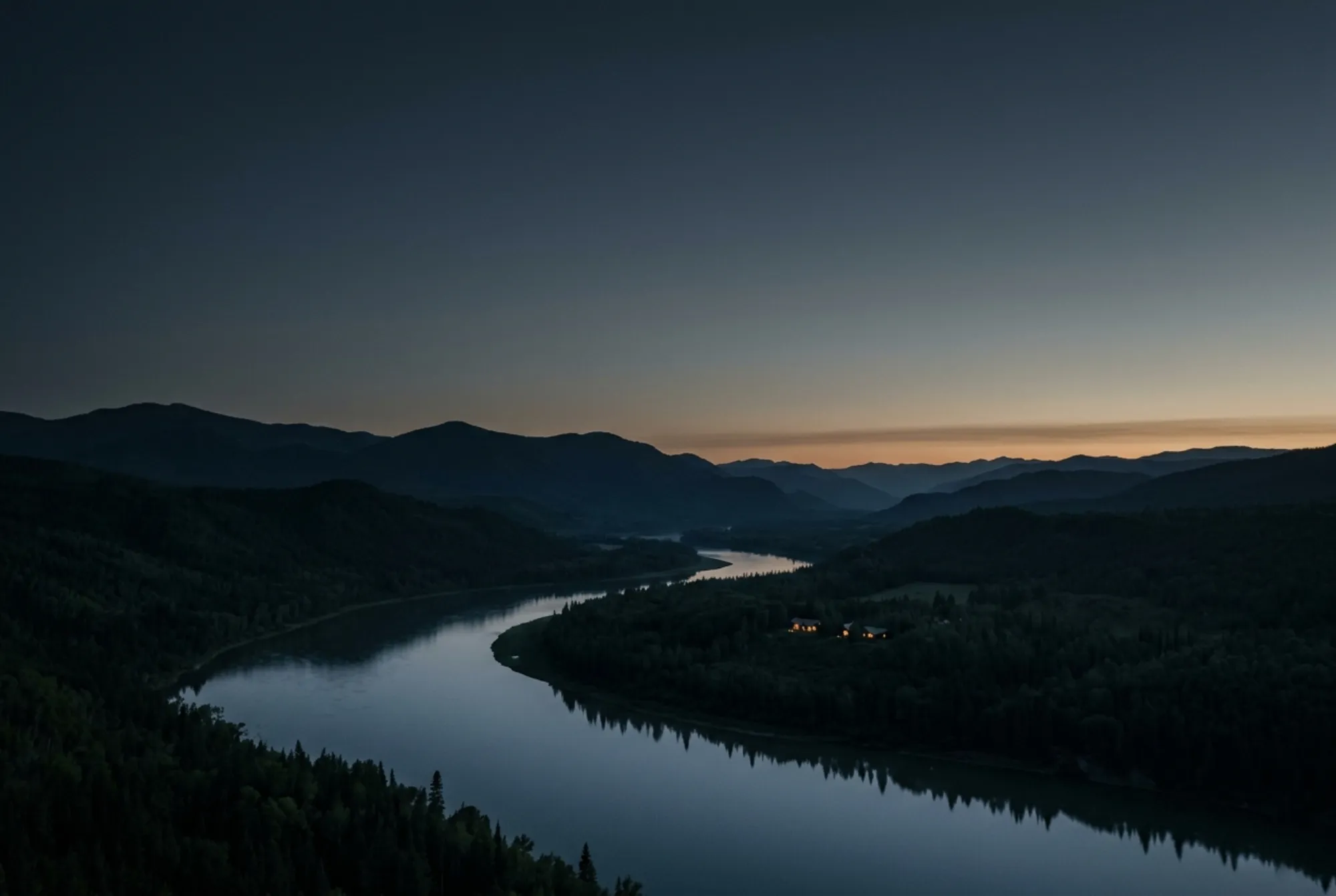 A remote river valley at dusk with mountains and no visible power lines or development