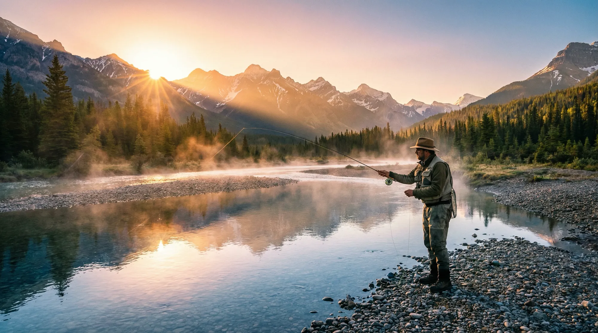 Fly fishing at sunrise on a private Rocky Mountain river