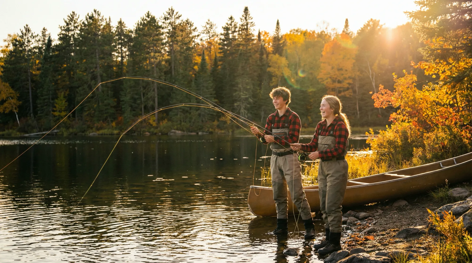 Two anglers fly fishing on a private Minnesota lake in autumn