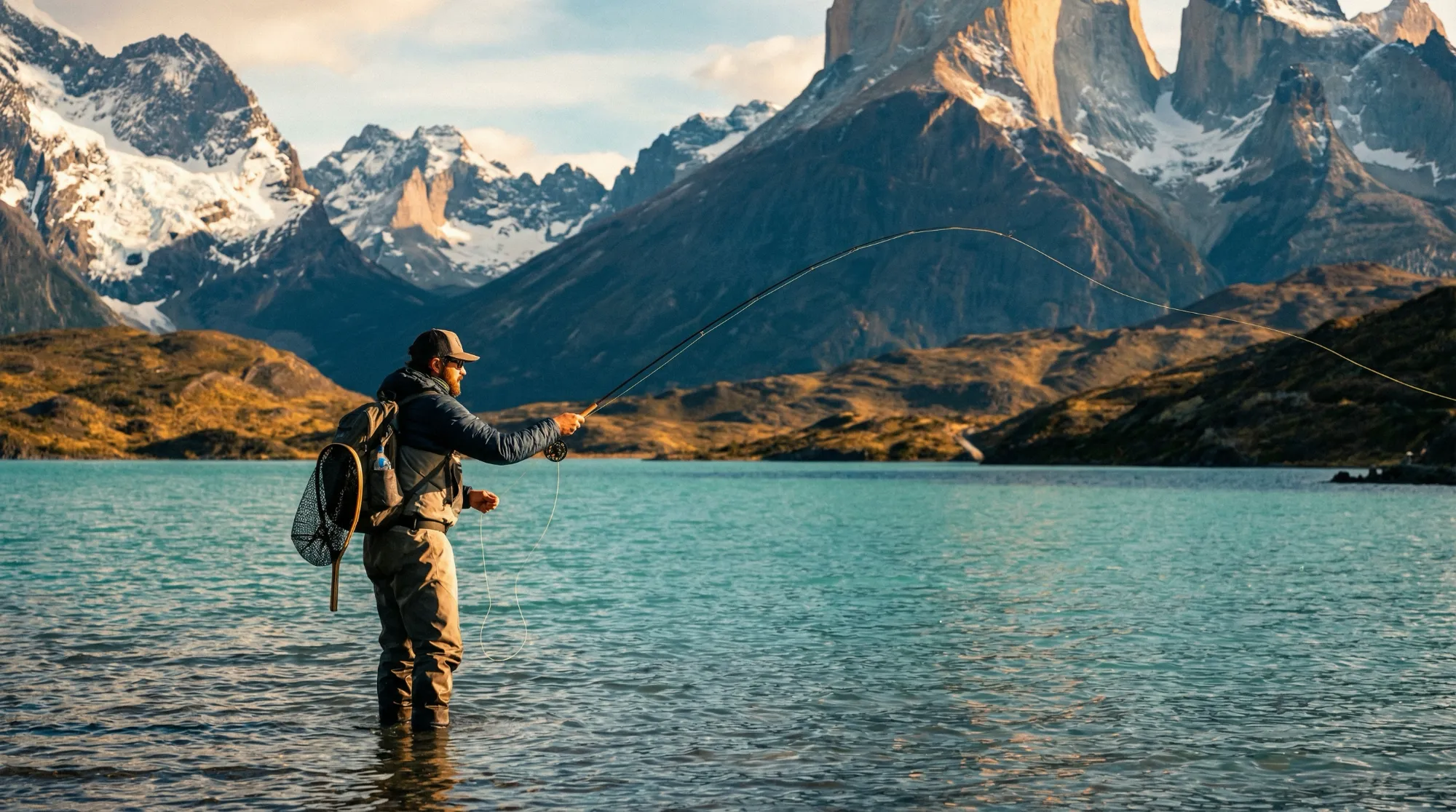 Angler fly fishing in turquoise water with Patagonian mountains