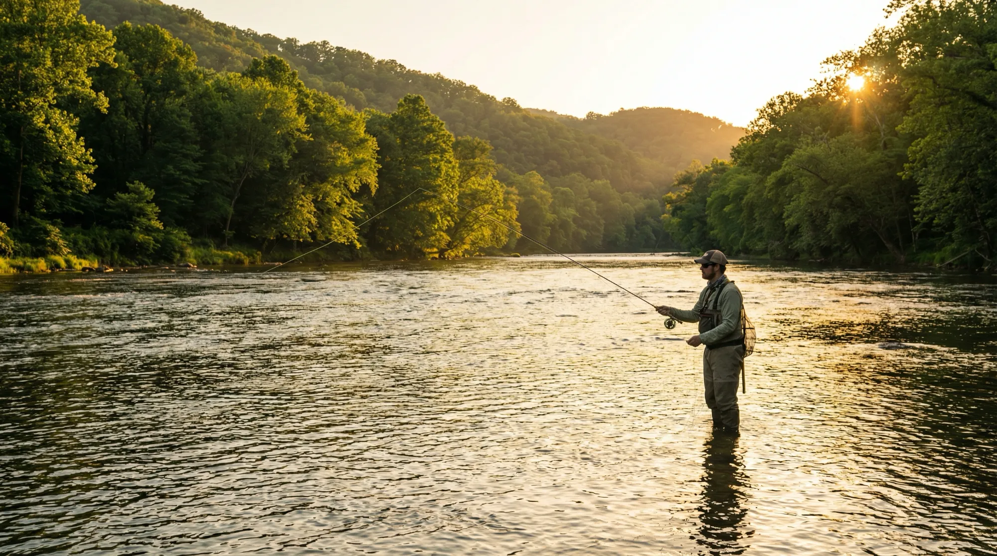 Angler fly fishing on a private Virginia river at golden hour
